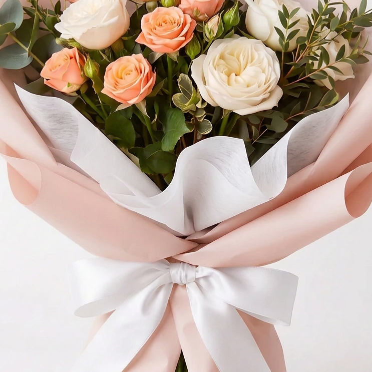 A fancy flower bouquet wrapped in peach paper with a matching bow, featuring white and peach roses, green foliage, and white snapdragons on a light gray background. Midern professional delivery in Chilliwack, Promontory and Keith Wilson Road. 