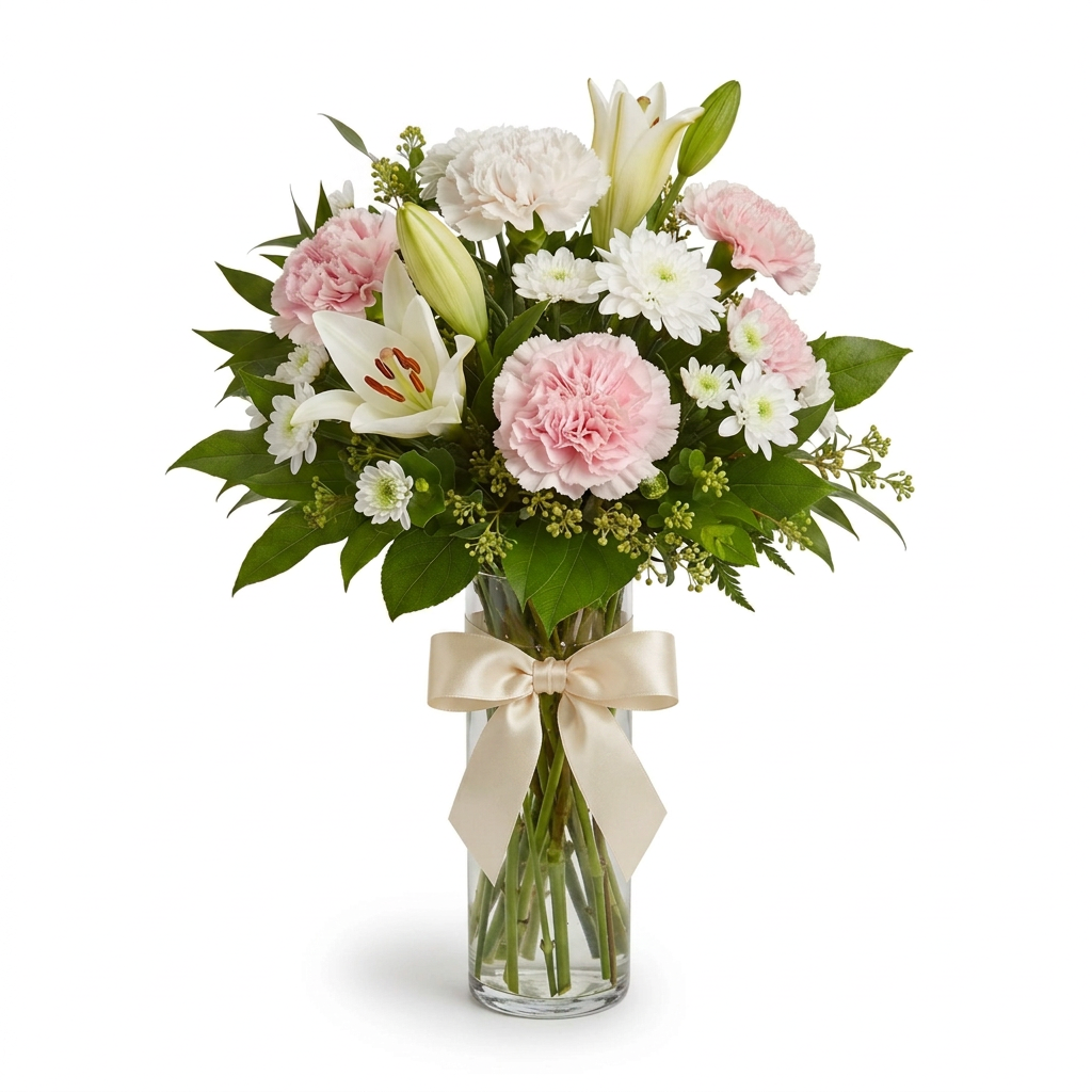 Chilliwack florist lilly's vase arrangement. Pastel cream colors. Tied with satin ribbon.