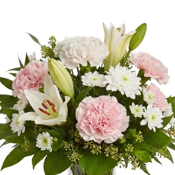 Chilliwack florist lilly's vase arrangement. Pastel cream colors. Tied with satin ribbon.