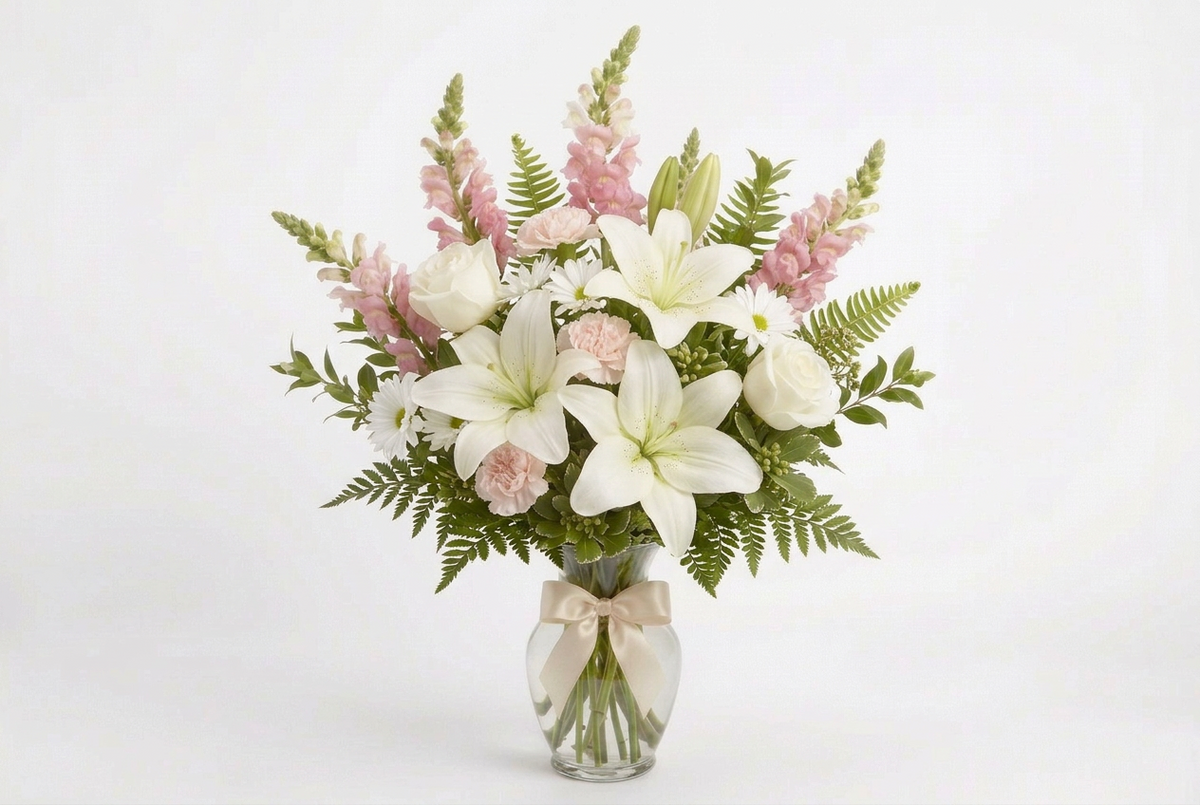 Chilliwack florist lilly's vase arrangement. Pastel cream colors. Tied with satin ribbon.