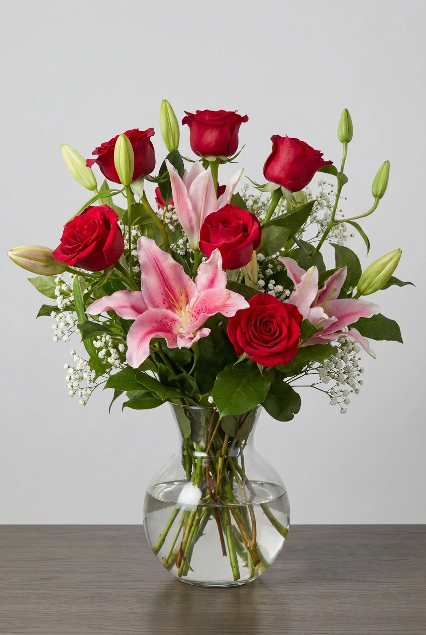 A floral bouquet of red roses, pink lilies, and green foliage arranged in a clear round glass vase on a dark wooden surface against a light gray background in Promontory.