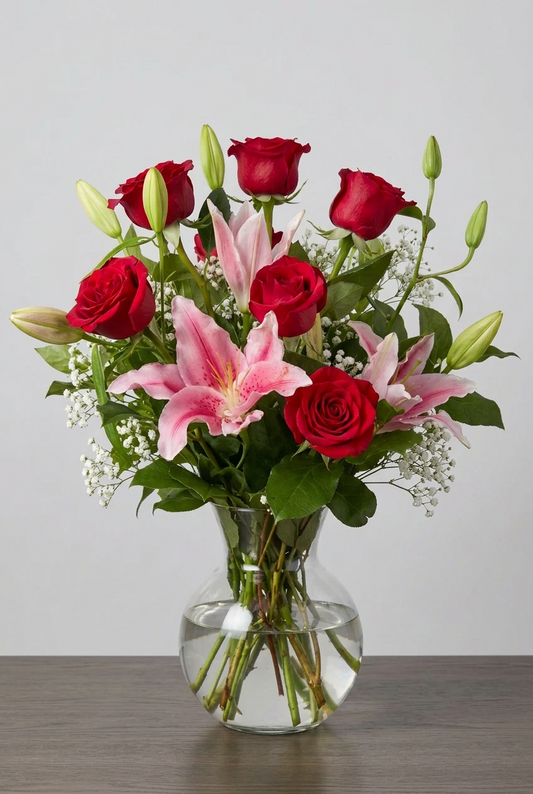 A floral bouquet of red roses, pink lilies, and green foliage arranged in a clear round glass vase on a dark wooden surface against a light gray background in Promontory.
