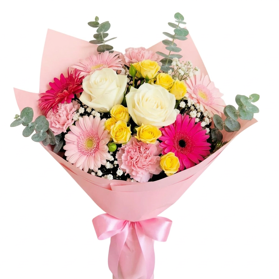 Bouquet of pink and white flowers with a pink wrap held by a person in a flower shop against a light background delivery in Chilliwack