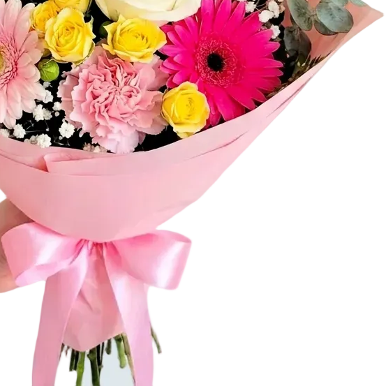 Bouquet of pink and white flowers with a pink wrap held by a person in a flower shop against a light background delivery in Chilliwack