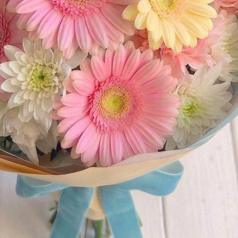 Bouquet of flowers with a yellow wrap and blue ribbon on a light background