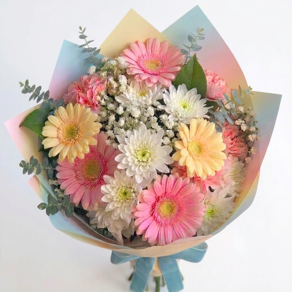 Bouquet of flowers with a yellow wrap and blue ribbon on a light background Sardis BC