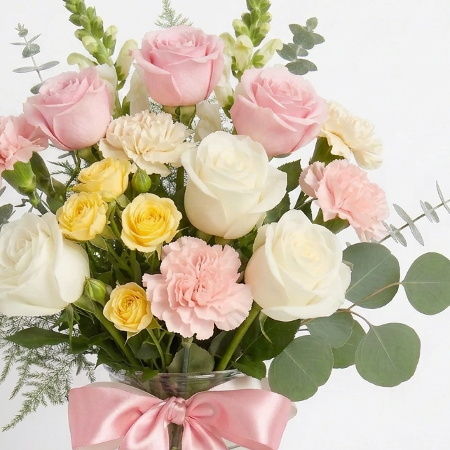 Bouquet of pink and white flowers with a pink ribbon in a clear vase on a white background