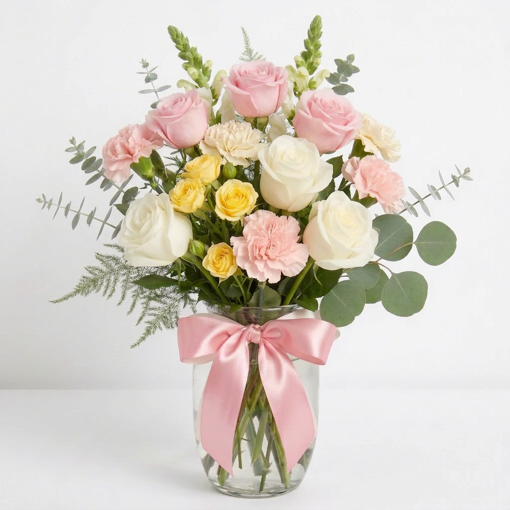 Bouquet of pink and white flowers with a pink ribbon in a clear vase on a white background
