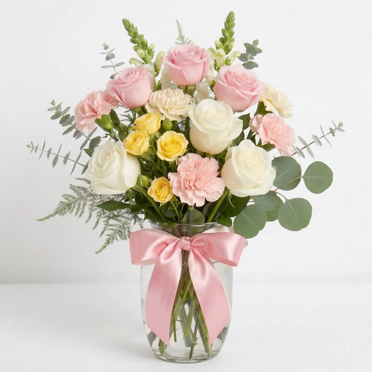 Bouquet of pink and white flowers with a pink ribbon in a clear vase on a white background