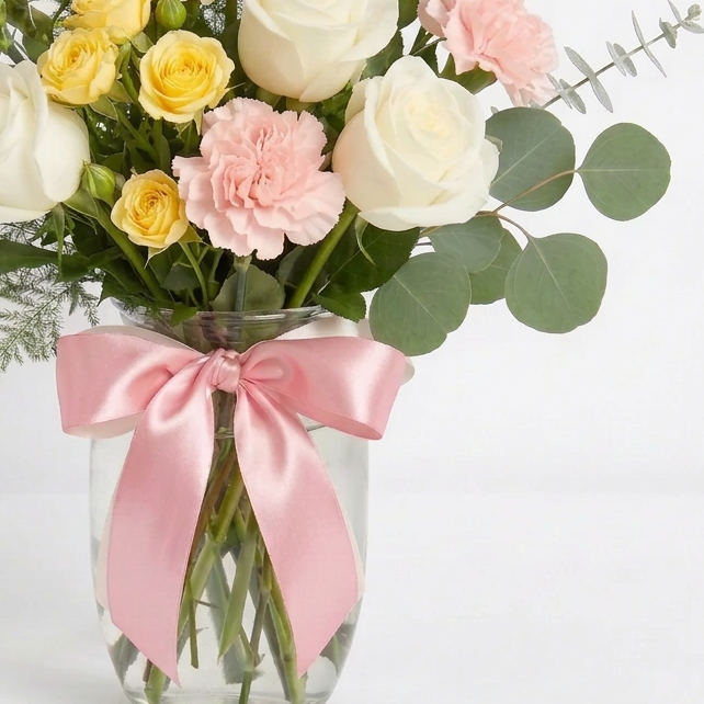 Bouquet of pink and white flowers with a pink ribbon in a clear vase on a white background