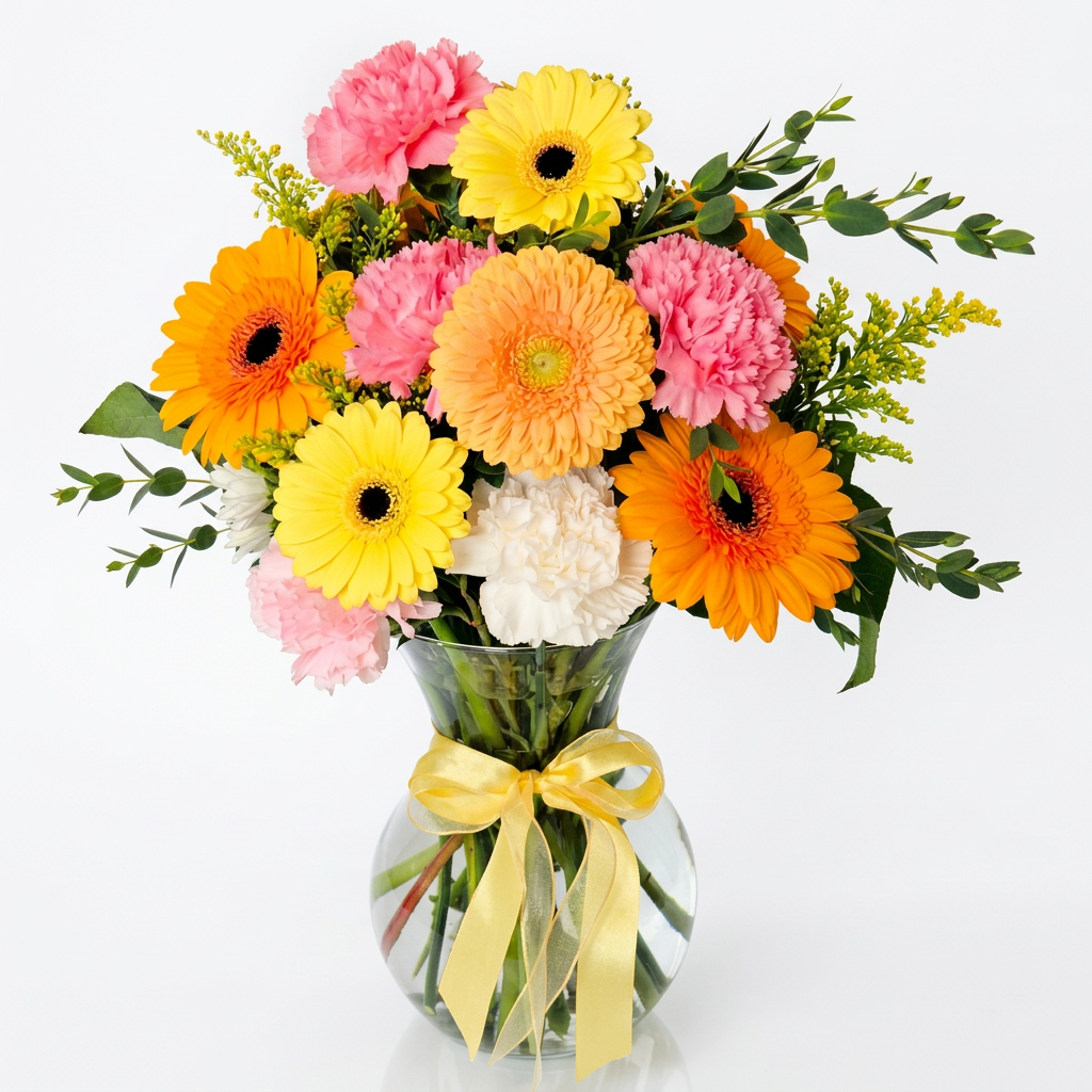 Fresh flowers with colorful gerberas and carnations in a clear vase on a light background ready for delivery in Sardis, Vedder, Fairfield Cultus Lake and  Chilliwack 