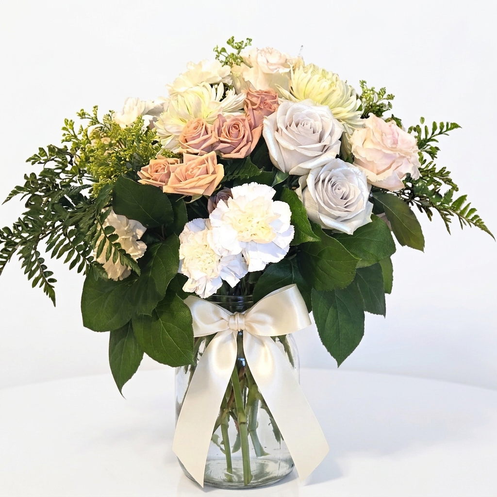 Chilliwack flowers vase arrangement bouquet. Soft and pretty pastel pink peach white cream roses lilies eucalyptus in large vase tied with big bow. Birthday Sympathy et well