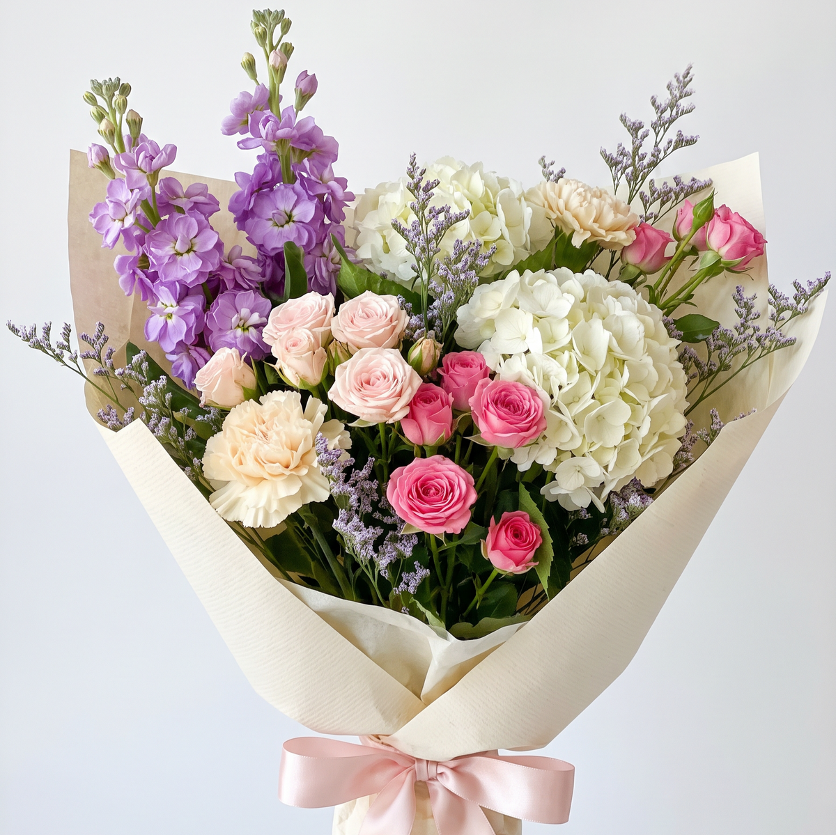 A beautifully arranged floral bouquet featuring white and pink flowers, including hydrangeas, roses, peonies, and purple delphiniums, Stock and lavender limonium wrapped in cream paper with a light pink ribbon satin bow. Designed and delivered in Chilliwack and Cultus Lake BC.