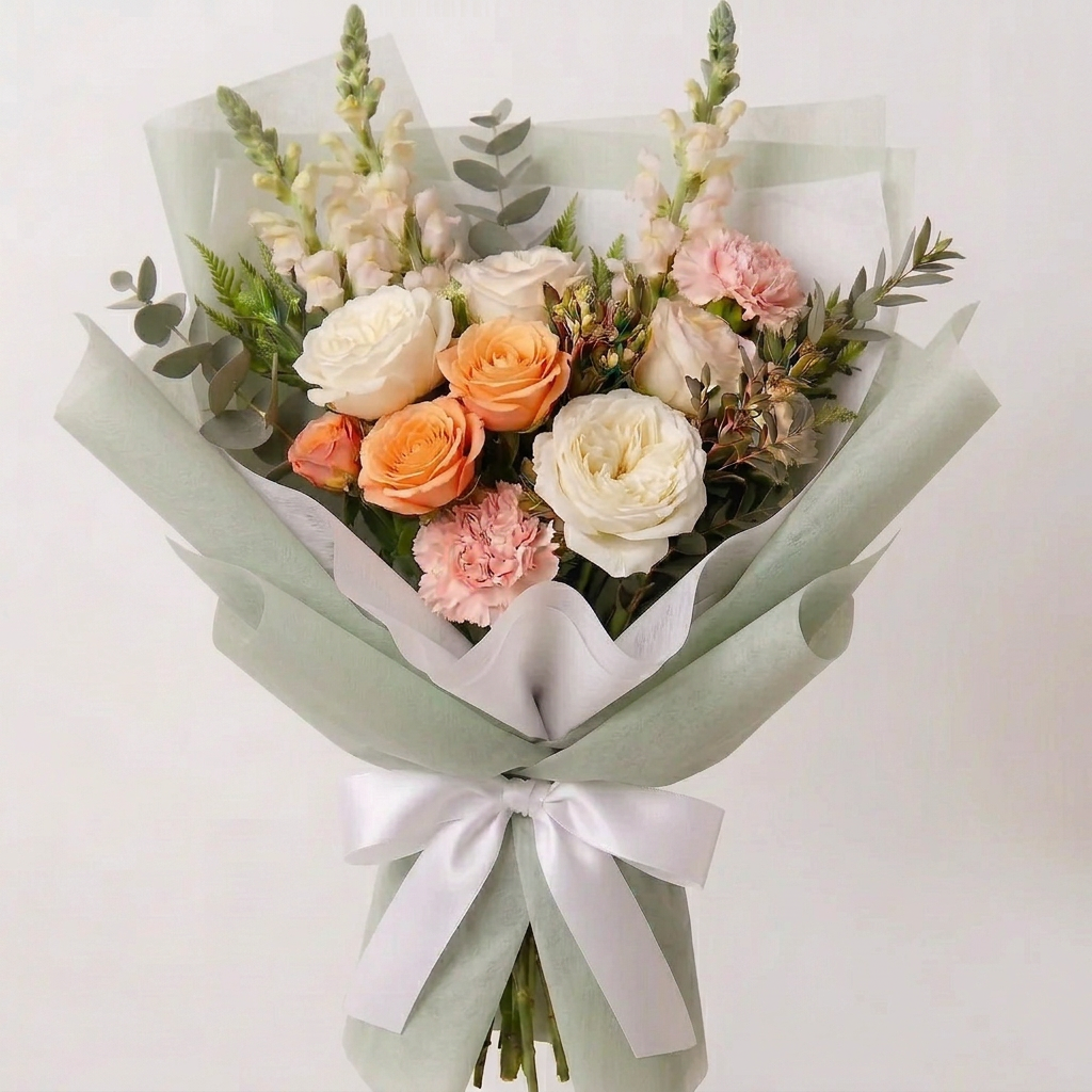 A modern high end flower bouquet wrapped in peach paper with a matching bow, featuring white and peach roses, green foliage, and white snapdragons on a light gray background. Made for delivery in Garrison  and Promontory BC