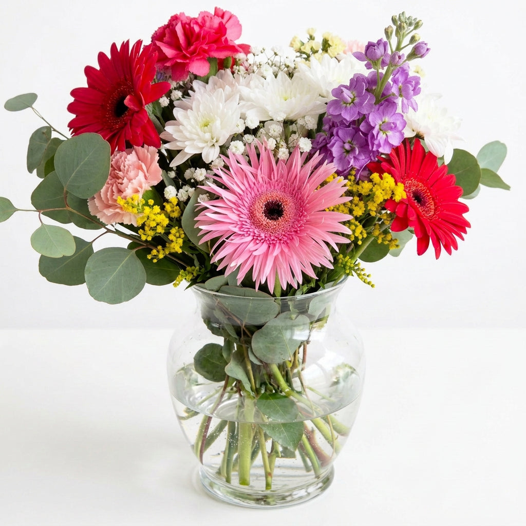 A vibrant mixed flower arrangement in a vase wrapped in brown kraft paper, featuring white chrysanthemums, pink carnations, red gerbera daisies, a purple allium, and green foliage on a light background.