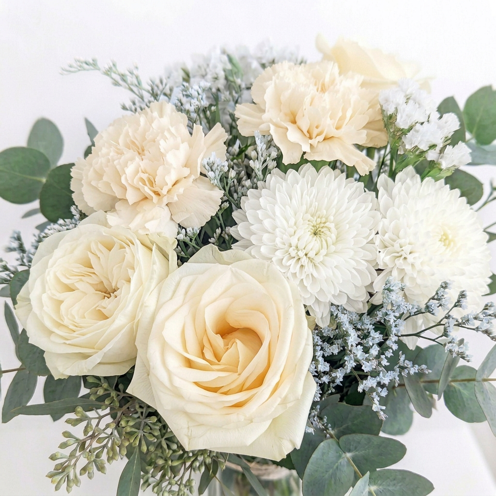 Florist choise bouquet with white roes gerbera daisies eucalyptus, green foliage hand tied with a satin bow. Delivery in Chilliwack Sardis and Vedder