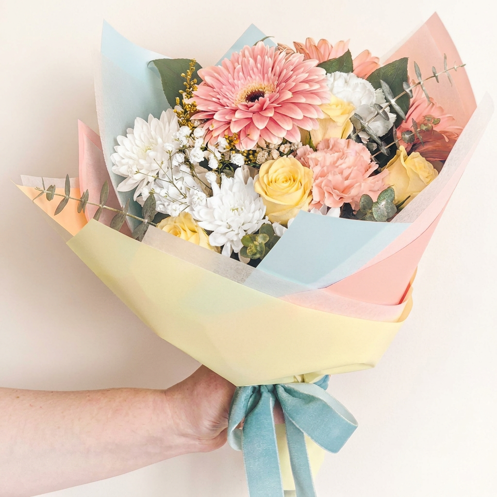Bouquet of flowers wrapped in pastel paper with a blue ribbon, with korean flower wrsp for delivery in Chilliwack 