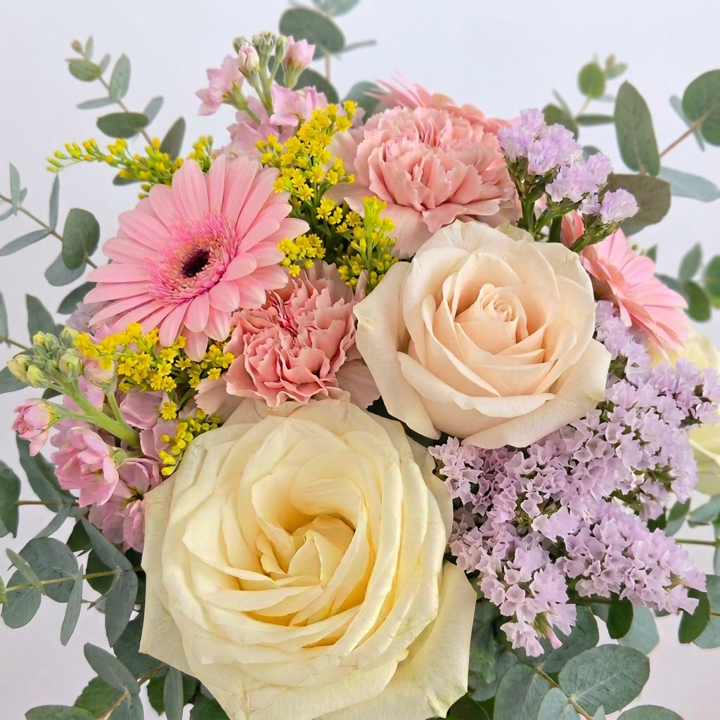 Florist choise bouquet with white roes gerbera daisies eucalyptus, green foliage hand tied with a satin bow. Delivery in Chilliwack Sardis and Vedder